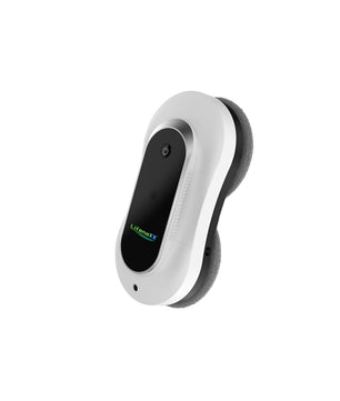 Der Lifenaxx LX-055 Fensterreinigungsroboter von Lifenaxx ist ein weißer und schwarzer Fensterreinigungsroboter mit einem schlanken ovalen Design, zwei runden Pads und intelligenter Reinigungstechnologie, isoliert auf einem weißen Hintergrund dargestellt.