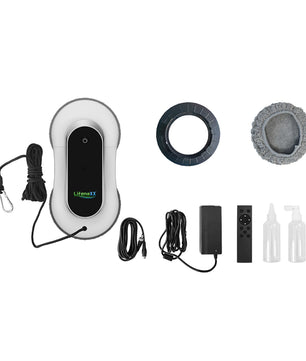 Der Lifenaxx LX-055 Fensterreinigungsroboter von Lifenaxx verfügt über eine 2800-Pa-Saugkraft, ein Netzkabel, einen Saugring, ein rundes Reinigungskissen, eine Fernbedienung, einen Adapter, Kabel und zwei Sprühflaschen - alles auf einem weißen Hintergrund.