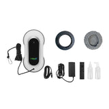 Der Lifenaxx LX-055 Fensterreinigungsroboter von Lifenaxx verfügt über eine 2800-Pa-Saugkraft, ein Netzkabel, einen Saugring, ein rundes Reinigungskissen, eine Fernbedienung, einen Adapter, Kabel und zwei Sprühflaschen - alles auf einem weißen Hintergrund.