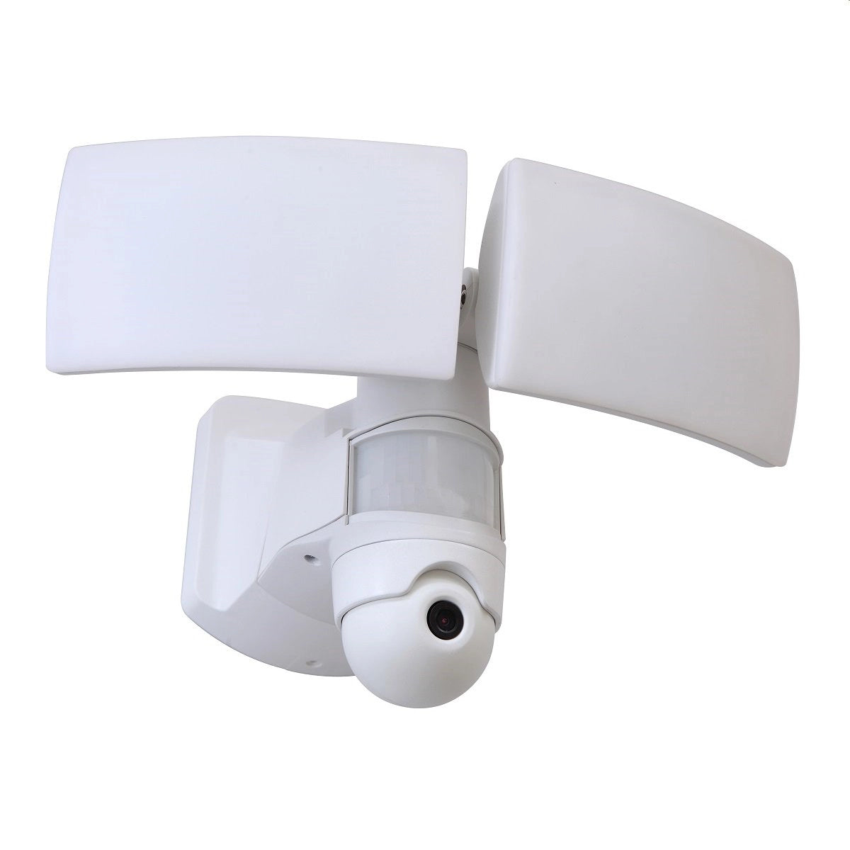 Die Lutec LED Kamera Außenwandleuchte Libra ist eine weiße Außenleuchte mit zwei verstellbaren rechteckigen LED-Lampen, integrierter Kamera und zentralem Bewegungsmelder von Lutec.