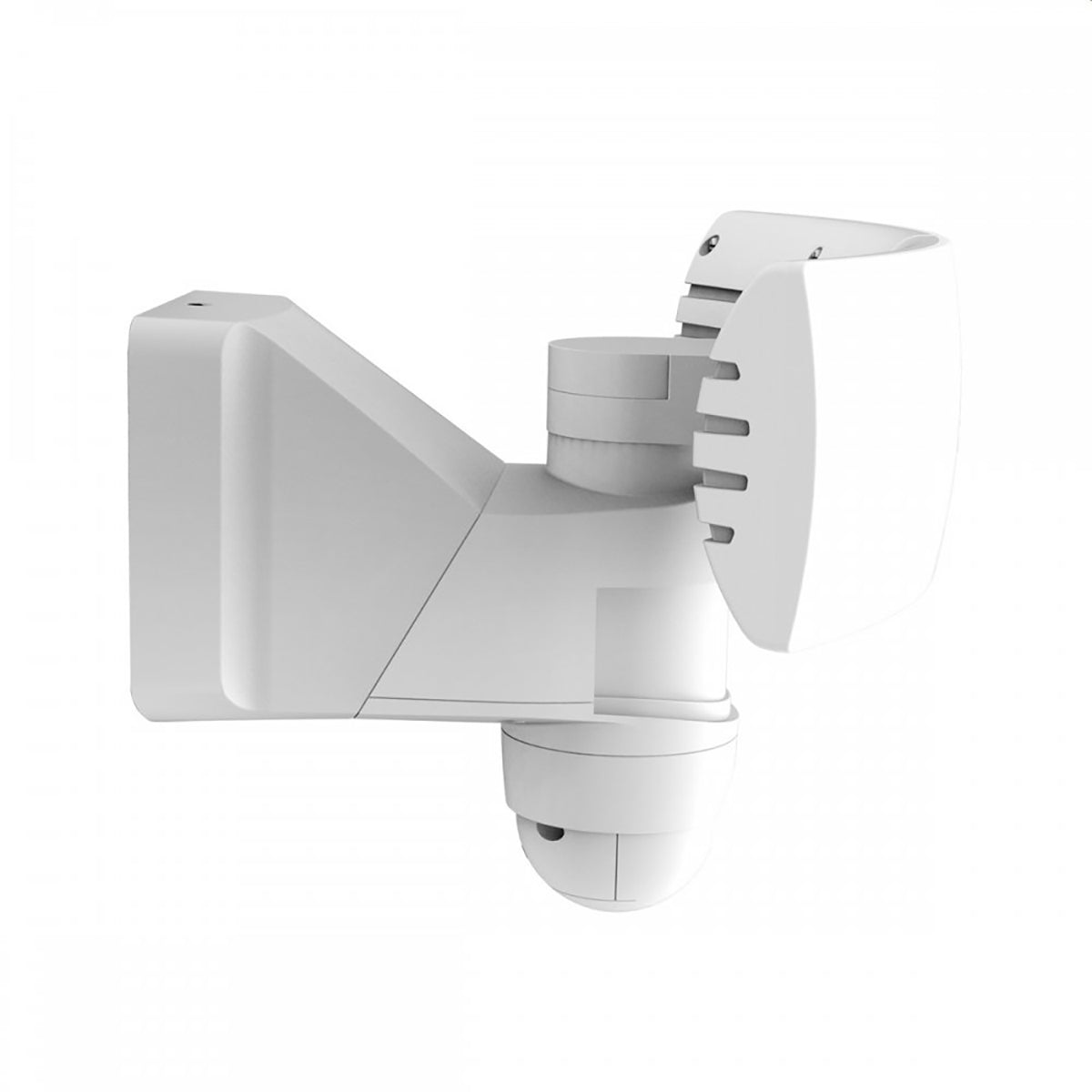 Die Lutec LED Kamera Außenwandleuchte Libra von Lutec ist eine weiße, moderne Überwachungskamera für den Außenbereich mit Wandhalterung, integrierter Kamera, rechteckigem Gehäuse, verstellbarem Arm, kuppelförmigem Objektivgehäuse und ventilartigen Rillen für ein elegantes Aussehen.