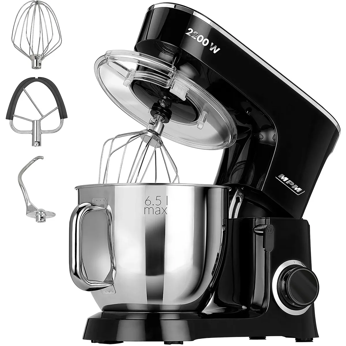 Die MPM MRK-19 Planeten-Küchenmaschine von MPM ist eine schwarze Küchenmaschine mit 2200 Watt, Edelstahlschüssel sowie Schneebesen, Knethaken und Rührbesen. Ein seitlicher Drehregler ermöglicht die einfache Modiwahl.