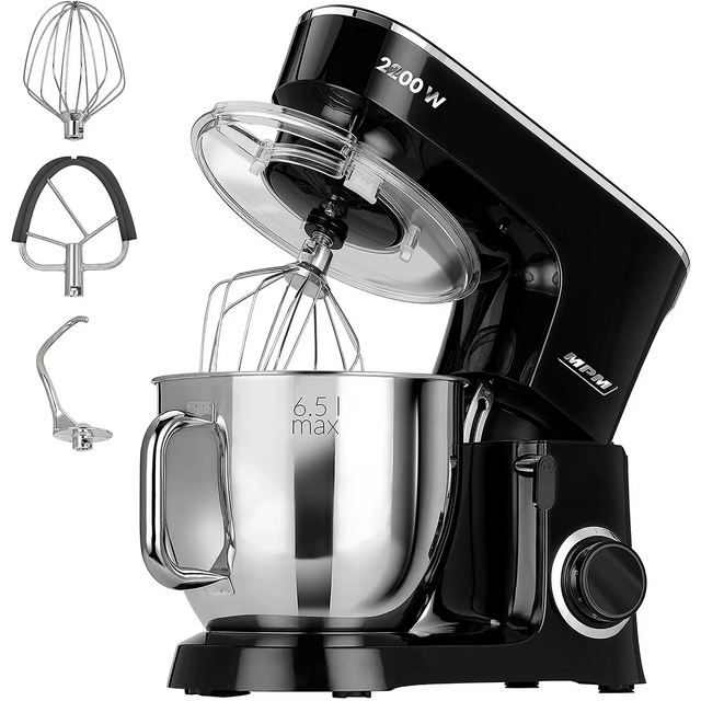 Die MPM MRK-19 Planeten-Küchenmaschine von MPM ist eine schwarze Küchenmaschine mit 2200 Watt, Edelstahlschüssel sowie Schneebesen, Knethaken und Rührbesen. Ein seitlicher Drehregler ermöglicht die einfache Modiwahl.