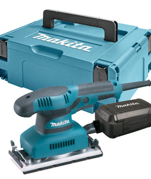 Der Makita BO3711J Schwingschleifer inkl.. MAKPAC Systemkoffer von Makita wird mit einem blaugrünen Schleifgerät, einer schwarzen Staubbox und einem passenden blaugrünen Tragekoffer mit Griff und schwarzen Verschlüssen gezeigt.