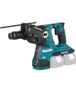 Der Makita DHR281ZJ Akku-Kombihammer 2x18 V (36 V LXT) Akku-Bohrhammer in Blau und Schwarz verfügt über zwei Akkuschächte, einen seitlichen Griff und einen Tiefenmesser. Marke: Makita. Abgebildet auf weißem Hintergrund.