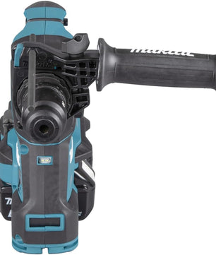 Draufsicht auf den Makita DHR281ZJ Akku-Kombihammer 2x18 V (36 V LXT) von Makita in Blau und Schwarz mit seitlichem Griff, verschiedenen Bedienelementen und einem Bohrerhalter an der Vorderseite.