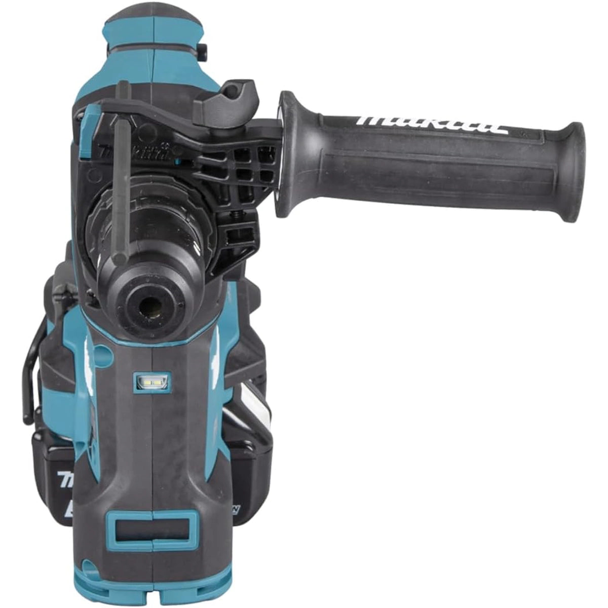 Draufsicht auf den Makita DHR281ZJ Akku-Kombihammer 2x18 V (36 V LXT) von Makita in Blau und Schwarz mit seitlichem Griff, verschiedenen Bedienelementen und einem Bohrerhalter an der Vorderseite.