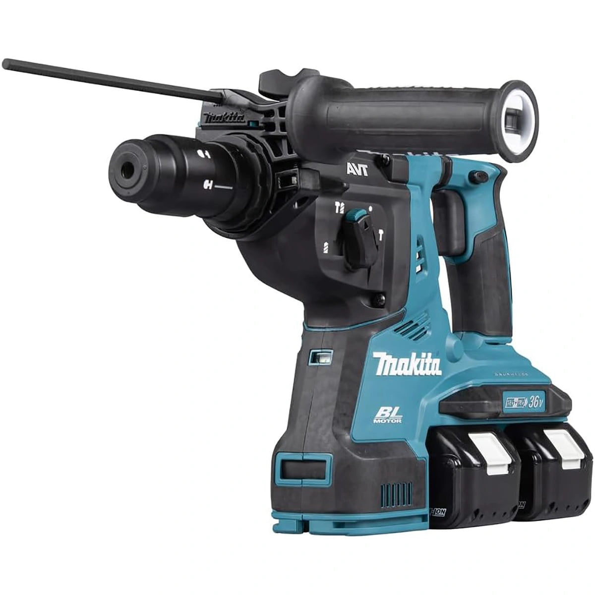 Der Makita DHR281ZJ Akku-Kombihammer 2x18 V (36 V LXT) ist ein blau-schwarzer Akku-Bohrhammer mit zwei Akkus, seitlichem Griff und Bithalter, der für schwere Bauarbeiten gebaut wurde.