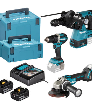 Das Makita DLX3195JX1 Akku-Spezialset - 18V LXT Kombo-Kit (DDF484, DGA504, DHR243, 2x 5.0Ah Akkus, Ladegerät und MAKPAC) von Makita ist auf weißem Hintergrund mit allem Zubehör abgebildet.