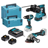 Das Makita DLX3195JX1 Akku-Spezialset - 18V LXT Kombo-Kit (DDF484, DGA504, DHR243, 2x 5.0Ah Akkus, Ladegerät und MAKPAC) von Makita ist auf weißem Hintergrund mit allem Zubehör abgebildet.