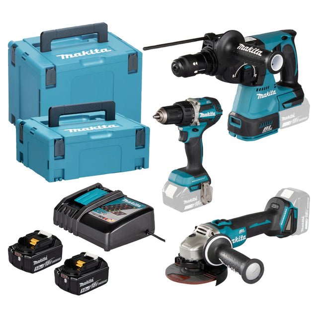 Das Makita DLX3195JX1 Akku-Spezialset - 18V LXT Kombo-Kit (DDF484, DGA504, DHR243, 2x 5.0Ah Akkus, Ladegerät und MAKPAC) von Makita ist auf weißem Hintergrund mit allem Zubehör abgebildet.