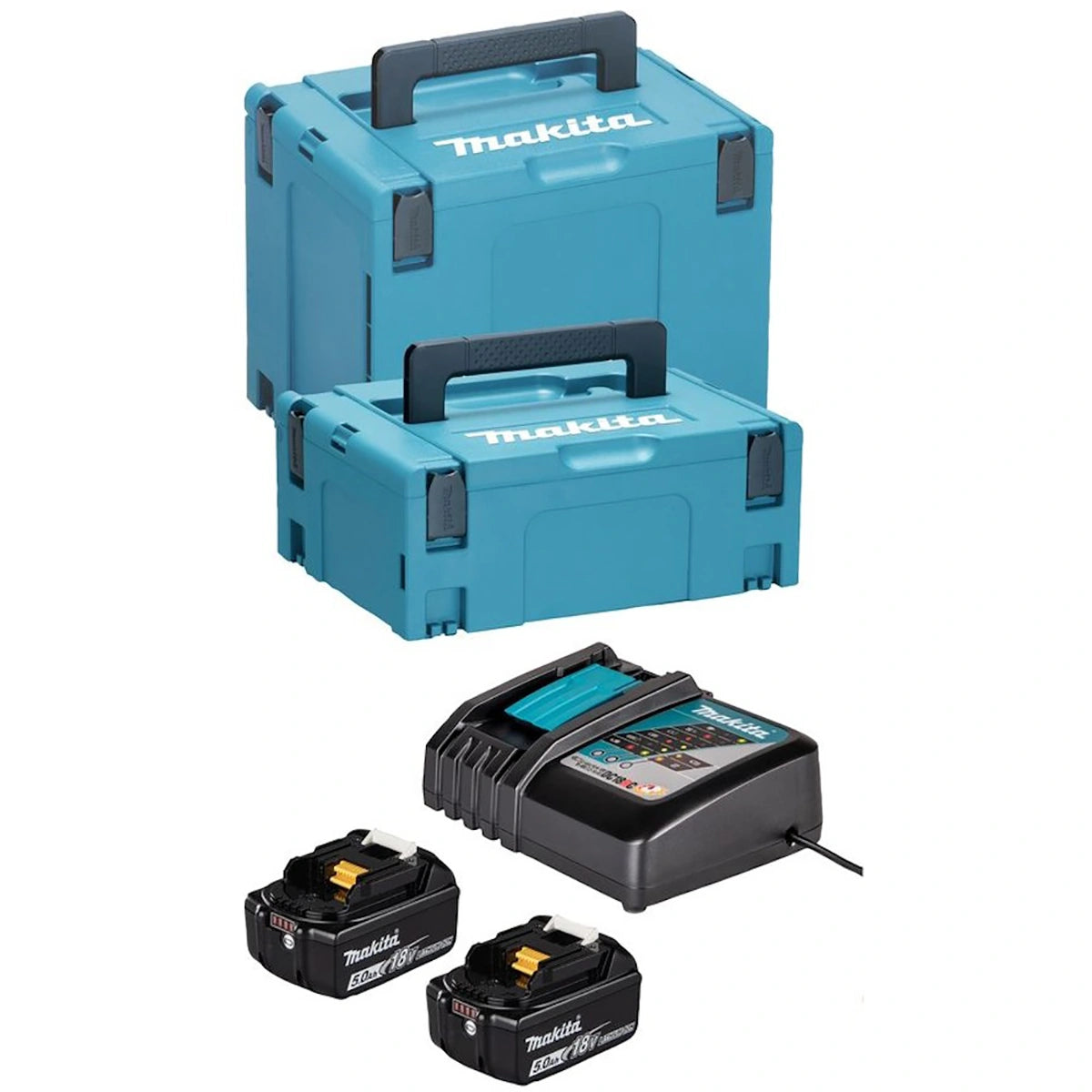 Zwei gestapelte blaue Makita MAKPAC-Koffer mit Griffen sind über einem Makita-Ladegerät und zwei 18V 5,0Ah-Akkus abgebildet - alles enthalten im Makita DLX3195JX1 Akku-Spezialset 18V LXT Kombo-Kit (DDF484, DGA504, DHR243) für Ihren Bedarf.