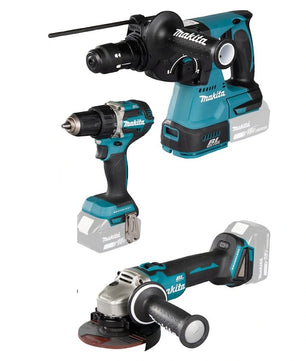 Das Makita DLX3195JX1 18V LXT Kombo-Kit enthält einen Bohrhammer (DDF484), einen Winkelschleifer (DGA504) und einen Bohrhammer (DHR243), alle in teal/schwarz mit grauen Akzenten, sowie zwei 5,0 Ah Akkus, Ladegerät und Koffer.
