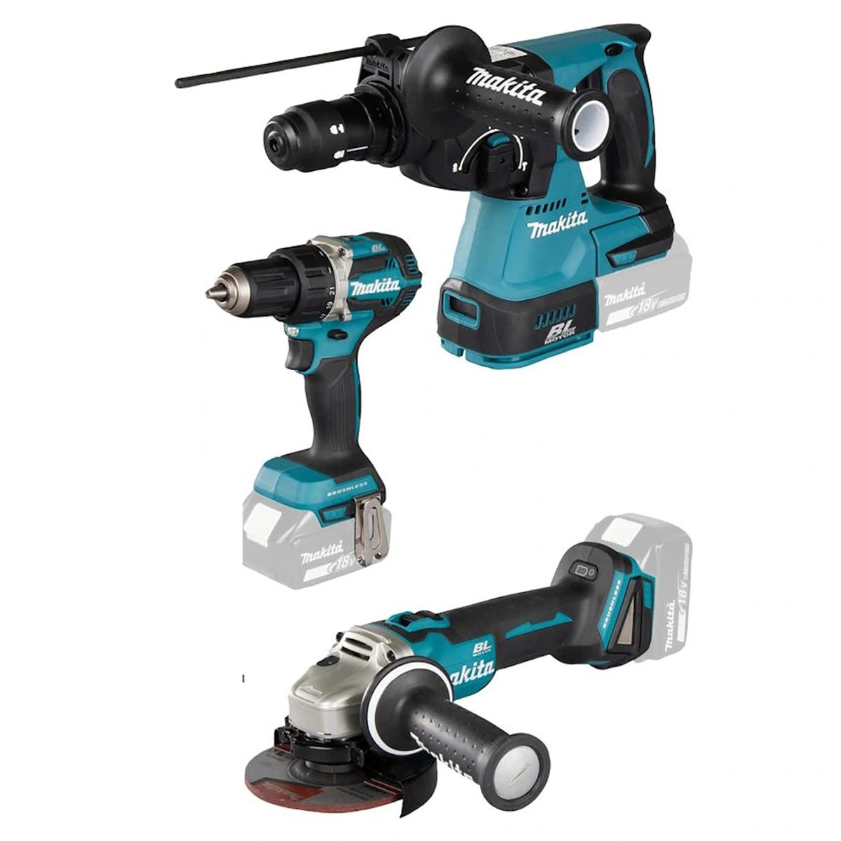 Das Makita DLX3195JX1 18V LXT Kombo-Kit enthält einen Bohrhammer (DDF484), einen Winkelschleifer (DGA504) und einen Bohrhammer (DHR243), alle in teal/schwarz mit grauen Akzenten, sowie zwei 5,0 Ah Akkus, Ladegerät und Koffer.