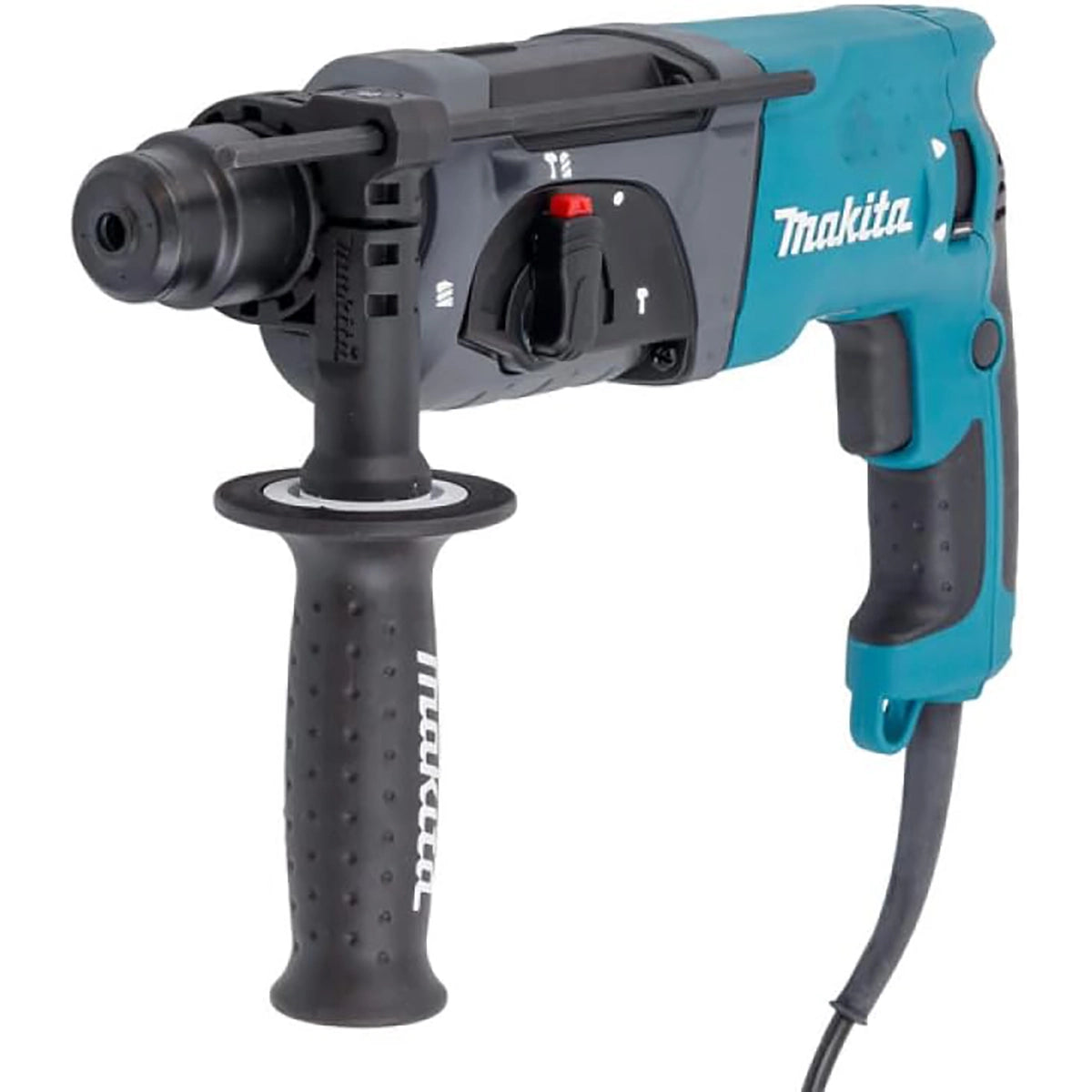 Der Makita HR2470 Bohr- und Meißelhammer (SDS-plus, 780 W, 2,4 J) hat ein blau-schwarzes Gehäuse mit schwarzem Zusatzhandgriff, sichtbaren Bedienelementen und einem auffälligen Makita-Branding sowohl auf dem Griff als auch auf dem Gehäuse.