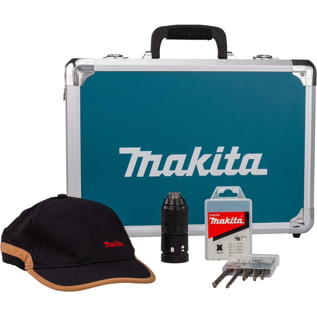 Ein blauer Makita-Tragekoffer mit Griff, eine schwarze Makita-Kappe, ein SDS-PLUS-Schnellwechselfutterteil, ein Bohrerpaket und das Makita HR2631FT13 Kombihammer-Set sind übersichtlich davor angeordnet.
