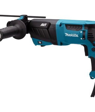 Der Makita HR2631FT13 Kombihammer ist ein blau-schwarzer kabelgebundener Elektrobohrer mit SDS-PLUS-Schnellwechselfutter, seitlichem Griff, Abzug und dem Makita-Markennamen an der Seite.
