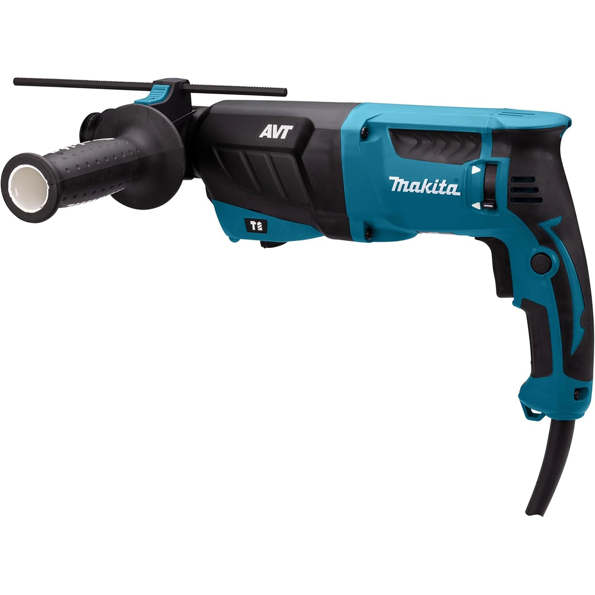 Der Makita HR2631FT13 Kombihammer ist ein blau-schwarzer kabelgebundener Elektrobohrer mit SDS-PLUS-Schnellwechselfutter, seitlichem Griff, Abzug und dem Makita-Markennamen an der Seite.