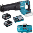 Die Makita JR001GM201 Akku-Reciprosäge 40V max. XGT wird mit zwei 4,0-Ah-Akkus, Ladegerät und einer blauen Makita-Transporttasche mit Produktabbildungen geliefert.