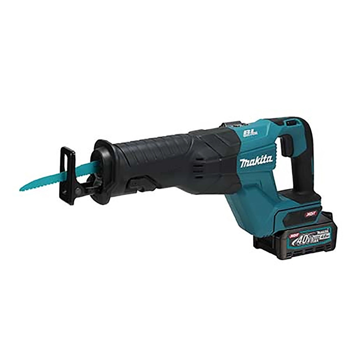 Die Makita JR001GM201 Akku-Reciprosäge 40V max. XGT mit bürstenlosem Motor liegt waagerecht, trägt einen 4,0 Ah Akku und zeigt nach links. Enthalten sind 2 Akkus und ein Ladegerät im blau-schwarzen Design.