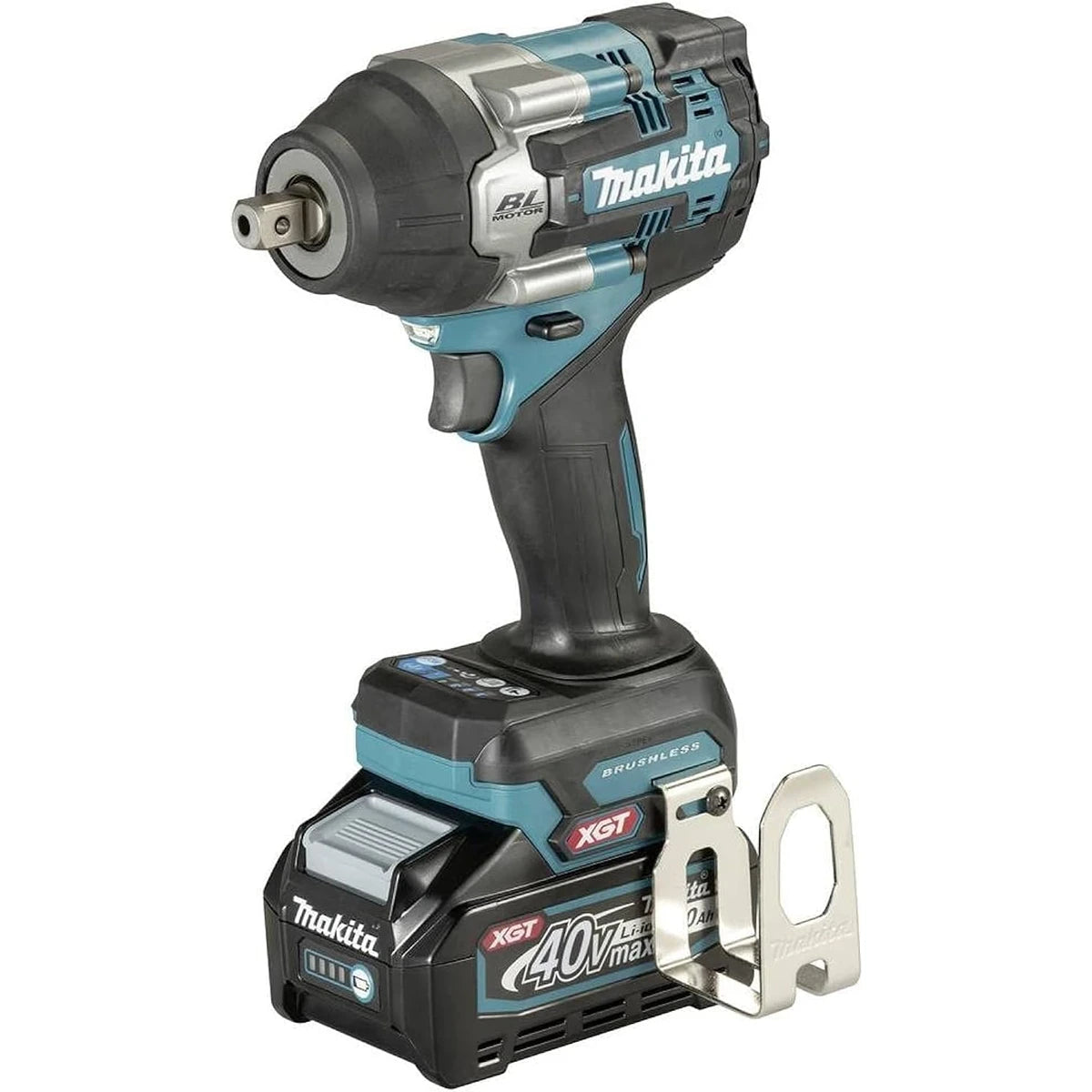 Der Makita TW008GM201 Akku-Schlagschrauber 40V max. XGT wird in den Farben Teal, Schwarz und Silber mit einem Befestigungshaken und einem an der Basis befestigten Akkupack angeboten.
