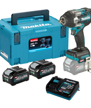 Makita TW008GM201 Akku-Schlagschrauber 40V max. XGT wird mit Tragetasche, drei 40V max Lithium-Ionen-Akkus, Ladegerät und Metall-Gürtelclip geliefert.