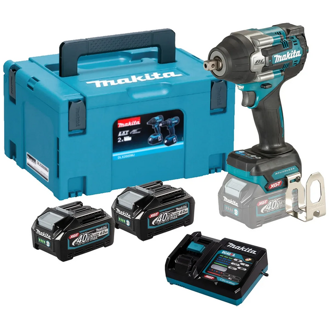 Makita TW008GM201 Akku-Schlagschrauber 40V max. XGT wird mit Tragetasche, drei 40V max Lithium-Ionen-Akkus, Ladegerät und Metall-Gürtelclip geliefert.