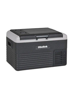 Die Obelink Coolmove 30 Kompressor Kühlbox ist eine schwarz-graue, tragbare 30-Liter-Kühlbox mit einem Griff, einem effizienten Kompressor-Kühlsystem und dem Obelink-Branding auf der Vorderseite.