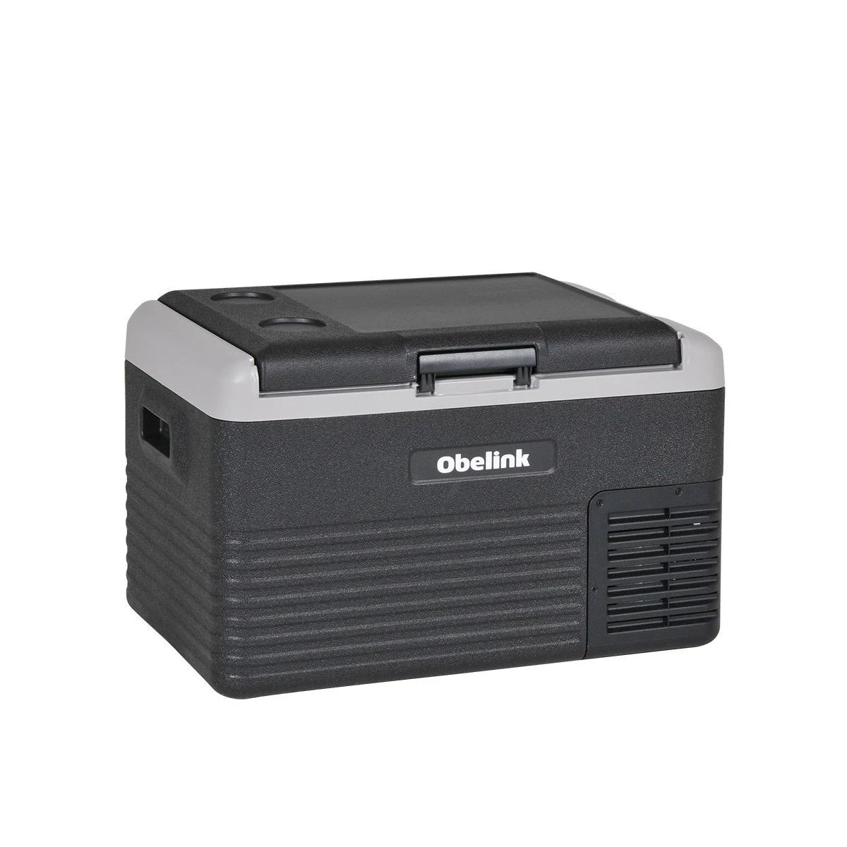 Die Obelink Coolmove 30 Kompressor Kühlbox ist eine schwarz-graue, tragbare 30-Liter-Kühlbox mit einem Griff, einem effizienten Kompressor-Kühlsystem und dem Obelink-Branding auf der Vorderseite.