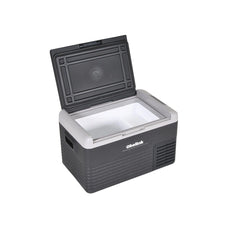 Die Obelink Coolmove 30 Kompressor Kühlbox ist eine schwarz-graue tragbare Kühlbox von Obelink mit einem Fassungsvermögen von 30 Litern, einem offenen Deckel und Griffen an beiden Seiten.