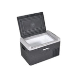 Die Obelink Coolmove 30 Kompressor Kühlbox ist eine schwarz-graue tragbare Kühlbox von Obelink mit einem Fassungsvermögen von 30 Litern, einem offenen Deckel und Griffen an beiden Seiten.