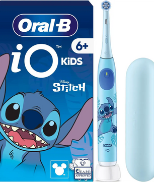 Die Oral-B iO Kids 6+ Disney Stitch Zahnbürste ist für Kinder ab 6 Jahren geeignet, enthält Aufbewahrungstasche und Box, und ist mit der Disney Magic Timer App kompatibel.