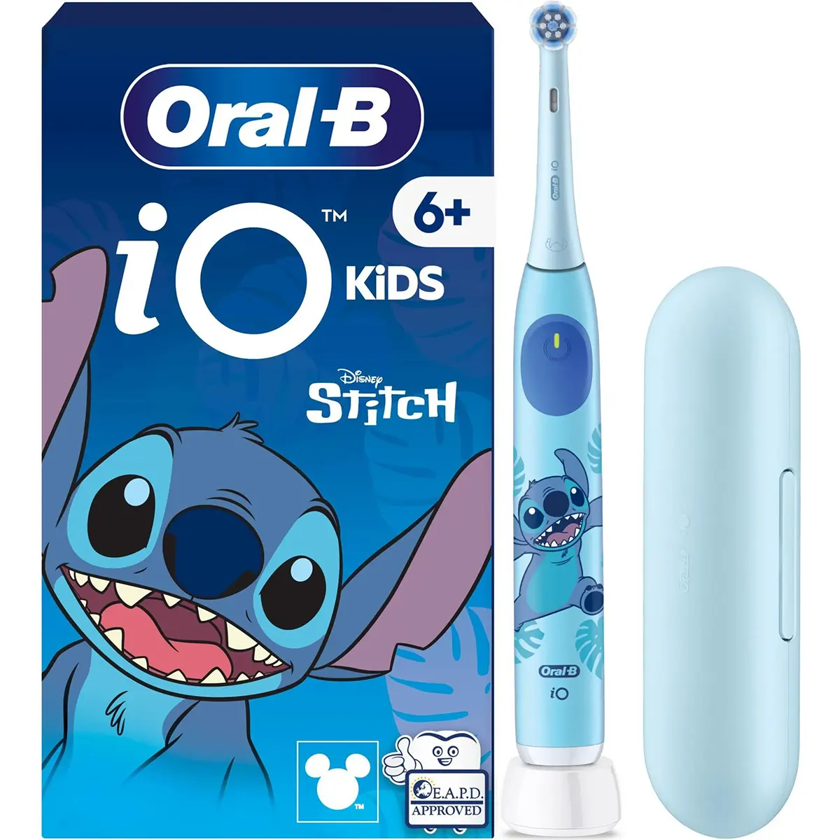 Die Oral-B iO Kids 6+ Disney Stitch Zahnbürste ist für Kinder ab 6 Jahren geeignet, enthält Aufbewahrungstasche und Box, und ist mit der Disney Magic Timer App kompatibel.