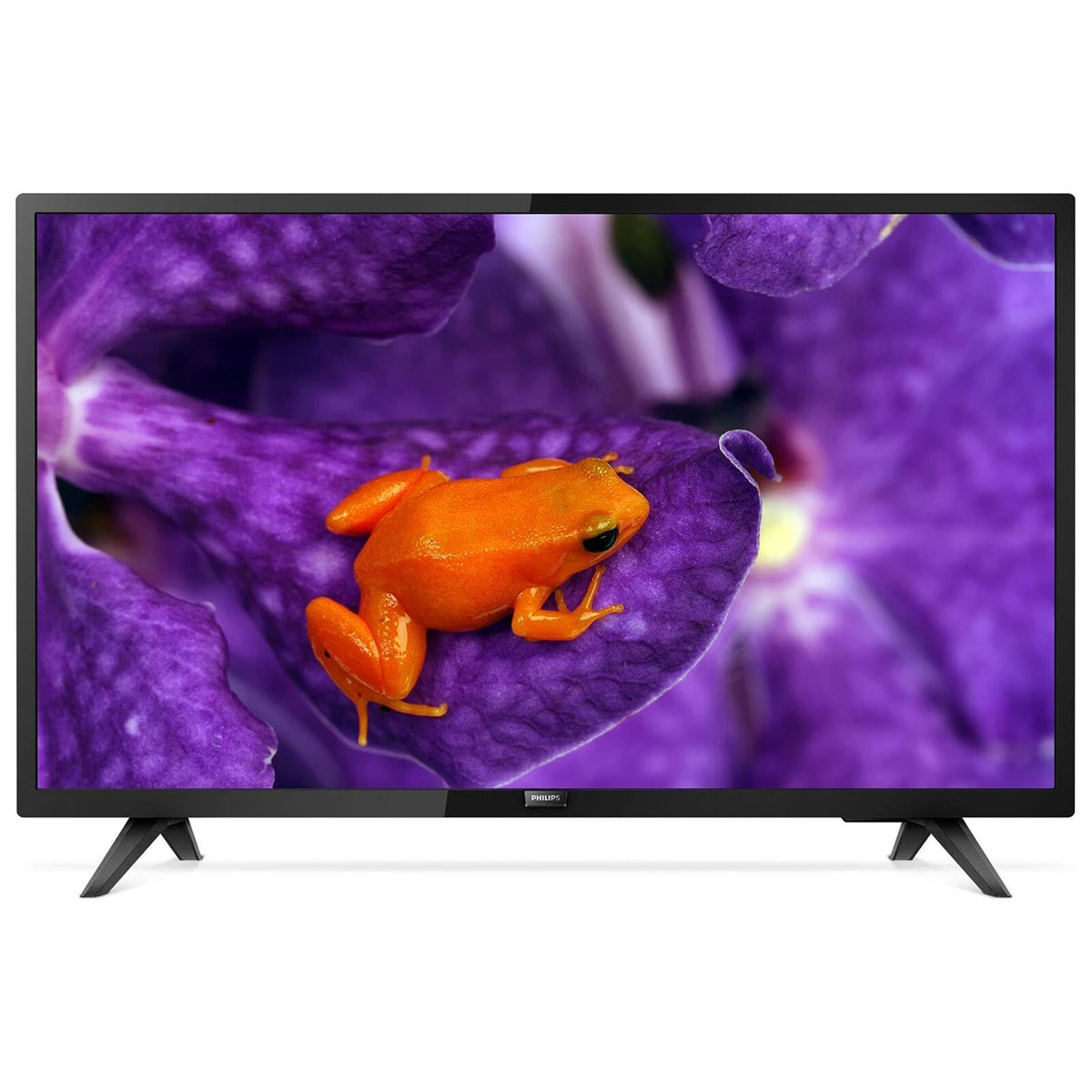 Ein Philips 32HFL5114/12 - 32" Full HD Smart TV von Philips zeigt einen leuchtend orangefarbenen Frosch, der auf einer lila Blume sitzt.