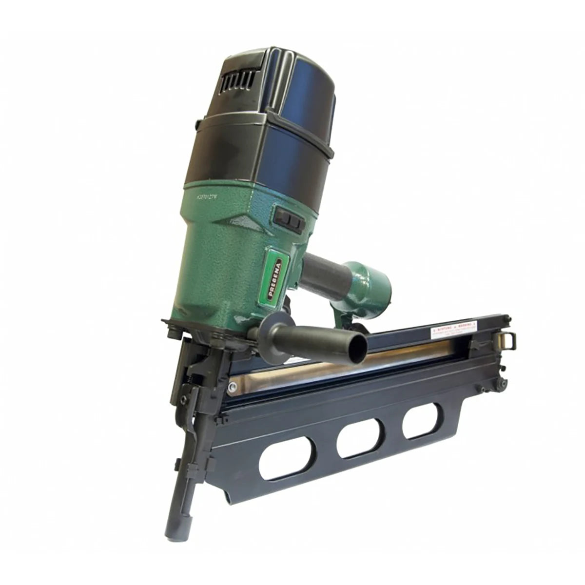 Der PREBENA 10X-RK160 Druckluft-Streifennagler von PREBENA, in grün und schwarz mit seitlichem Griff, ist ideal für Holzbau-Projekte und passt für Streifennägel von 100 bis 160 mm. Abgebildet auf weißem Hintergrund.