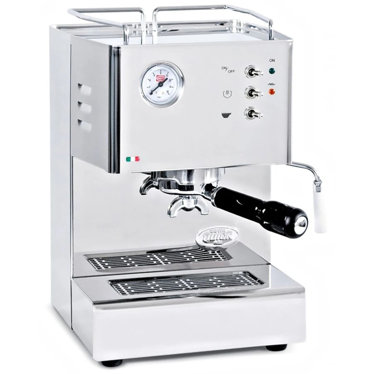 Die Quickmill Orione Modell 3000 Espressomaschine aus Edelstahl bietet eine robuste Edelstahlausführung, Druckmanometer, drei Bedientasten, Siebträgergriff und Dampflanze - alles auf einer Tropfschale für Premium-Genuss.