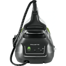 Der ROWENTA Dampfgenerator DG8626 Perfect Steam Pro in Schwarz/Grün verfügt über sichtbare Knöpfe, einen Schlauch und die fortschrittliche Microsteam 400 HD-Technologie (von vorne).