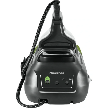 Der ROWENTA Dampfgenerator DG8626 Perfect Steam Pro in Schwarz/Grün verfügt über sichtbare Knöpfe, einen Schlauch und die fortschrittliche Microsteam 400 HD-Technologie (von vorne).