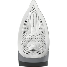 Nahaufnahme des ROWENTA Dampfgenerators DG8626 Perfect Steam Pro in Schwarz/Grün mit der Microsteam 400 HD-Sohle mit Dampflöchern für optimalen Hochdruckdampf und glattem Metallic-Finish.