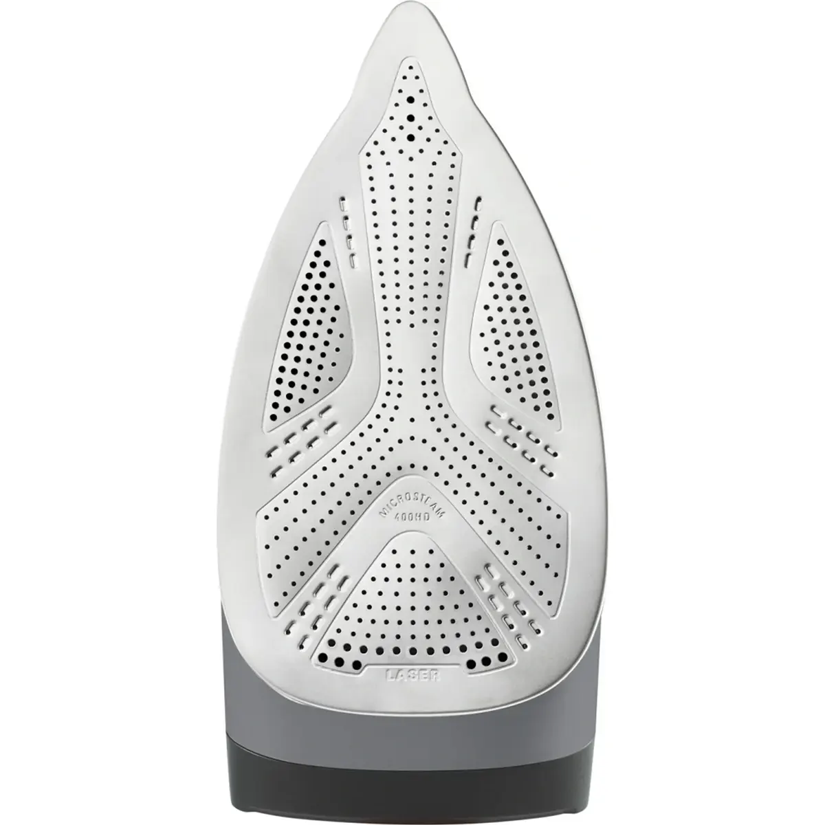 Nahaufnahme des ROWENTA Dampfgenerators DG8626 Perfect Steam Pro in Schwarz/Grün mit der Microsteam 400 HD-Sohle mit Dampflöchern für optimalen Hochdruckdampf und glattem Metallic-Finish.