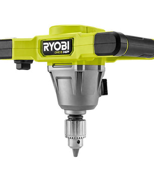 Das Ryobi ONE+HP Akku-Rührwerk RPM18X-0 von Ryobi verfügt über ein gelb-schwarzes Gehäuse, zwei seitliche Griffe, ein Metallspannfutter für Bohr- oder Rührbits und einen bürstenlosen Motor - perfekt für Farben mischen oder schwere Rührarbeiten.