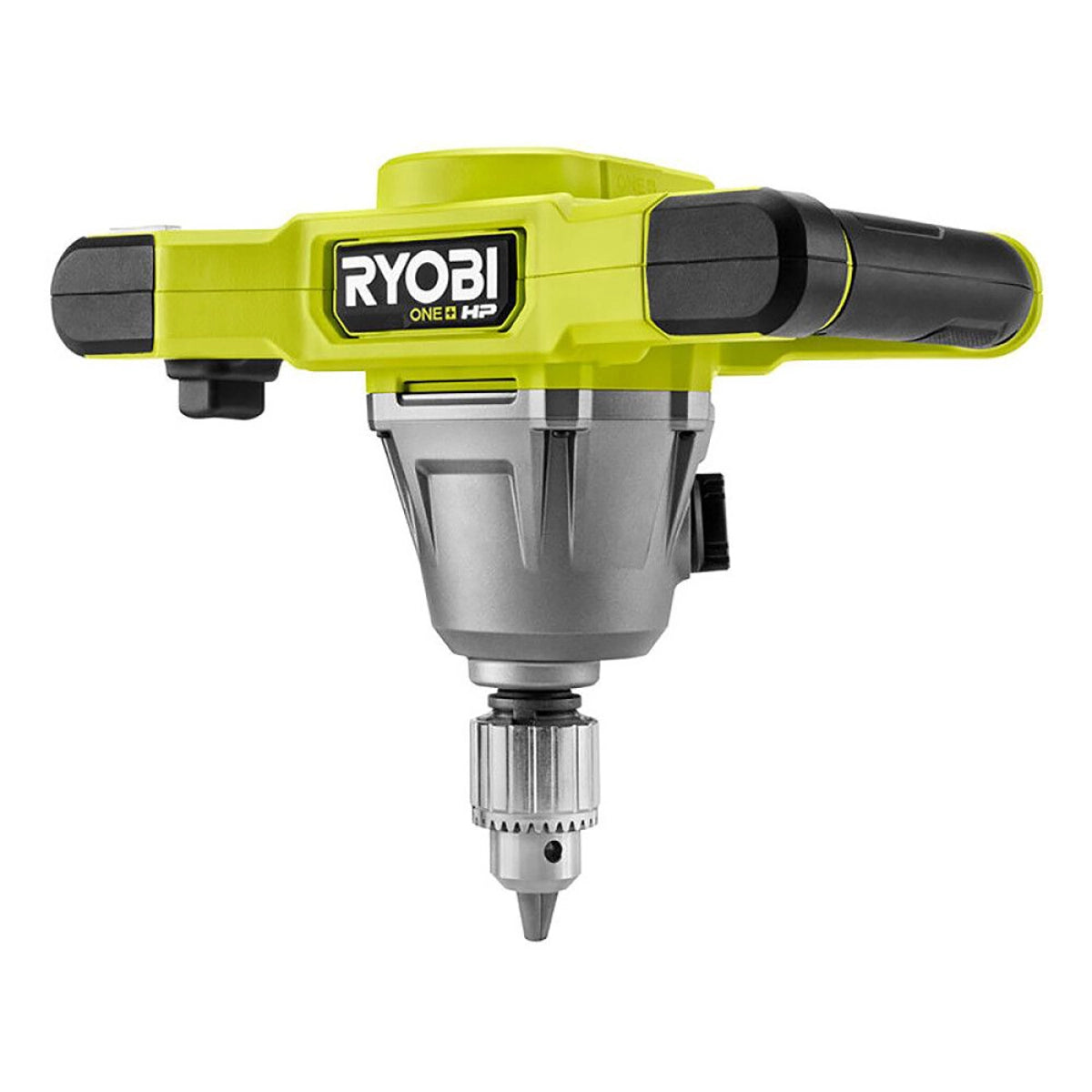 Das Ryobi ONE+HP Akku-Rührwerk RPM18X-0 von Ryobi verfügt über ein gelb-schwarzes Gehäuse, zwei seitliche Griffe, ein Metallspannfutter für Bohr- oder Rührbits und einen bürstenlosen Motor - perfekt für Farben mischen oder schwere Rührarbeiten.