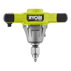 Das Ryobi ONE+HP Akku-Rührwerk RPM18X-0 von Ryobi kombiniert limonengrüne, silberne und schwarze Akzente, besitzt unten ein sichtbares Bohrfutter und trägt das Markenlogo vorne - ideal zum Mischen von Farben.