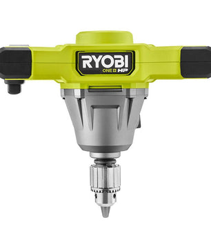 Das Ryobi ONE+HP Akku-Rührwerk RPM18X-0 von Ryobi kombiniert limonengrüne, silberne und schwarze Akzente, besitzt unten ein sichtbares Bohrfutter und trägt das Markenlogo vorne - ideal zum Mischen von Farben.