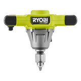 Das Ryobi ONE+HP Akku-Rührwerk RPM18X-0 von Ryobi kombiniert limonengrüne, silberne und schwarze Akzente, besitzt unten ein sichtbares Bohrfutter und trägt das Markenlogo vorne - ideal zum Mischen von Farben.