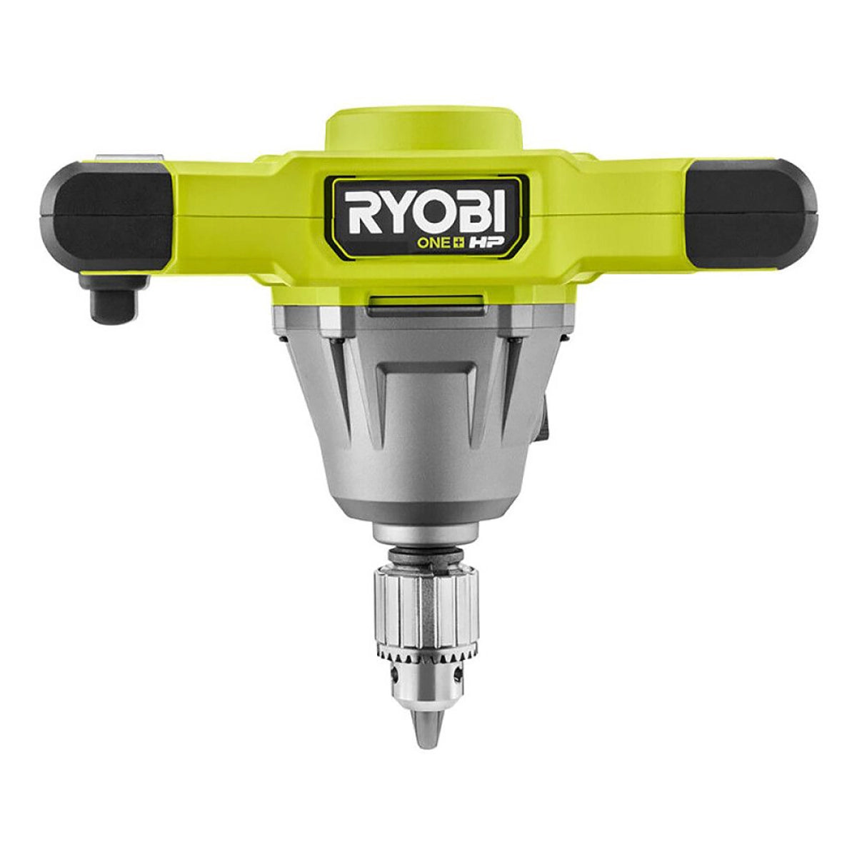 Das Ryobi ONE+HP Akku-Rührwerk RPM18X-0 von Ryobi kombiniert limonengrüne, silberne und schwarze Akzente, besitzt unten ein sichtbares Bohrfutter und trägt das Markenlogo vorne - ideal zum Mischen von Farben.