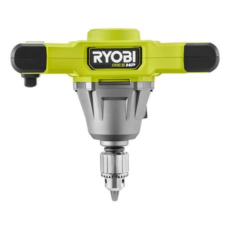 Das Ryobi ONE+HP Akku-Rührwerk RPM18X-0 von Ryobi kombiniert limonengrüne, silberne und schwarze Akzente, besitzt unten ein sichtbares Bohrfutter und trägt das Markenlogo vorne - ideal zum Mischen von Farben.