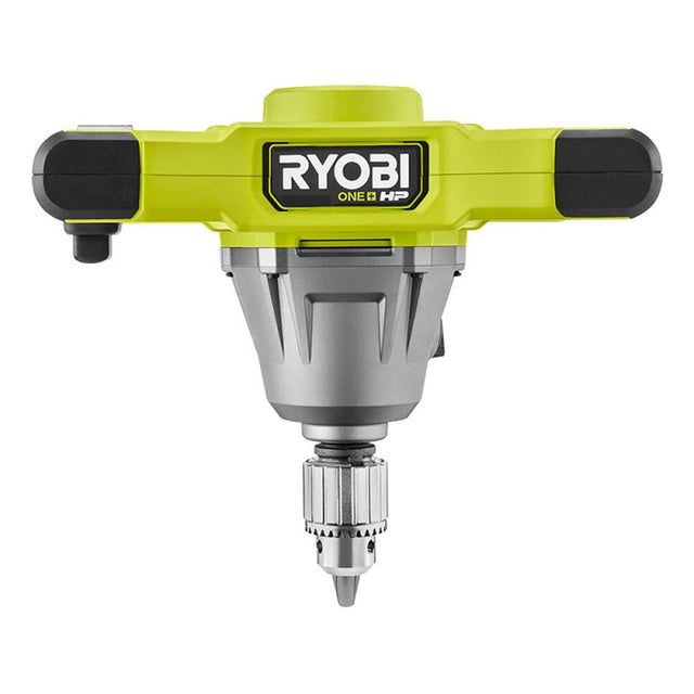 Das Ryobi ONE+HP Akku-Rührwerk RPM18X-0 von Ryobi kombiniert limonengrüne, silberne und schwarze Akzente, besitzt unten ein sichtbares Bohrfutter und trägt das Markenlogo vorne - ideal zum Mischen von Farben.