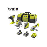Das Ryobi 18V ONE+ Akku-Maschinen-Set - 4 Geräte + Akku-Starterset (R18CK4G-252S) enthält Bohrmaschine, Kreissäge, Schleifer, Winkelschleifer, zwei Akkus, Ladegerät und eine schwarz-grüne Tasche. Alle Geräte sind auf einem weißen Hintergrund abgebildet.