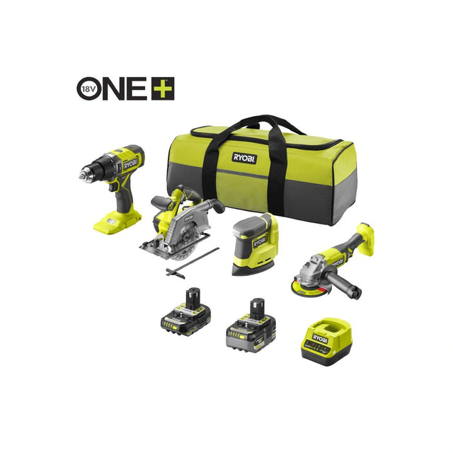 Das Ryobi 18V ONE+ Akku-Maschinen-Set - 4 Geräte + Akku-Starterset (R18CK4G-252S) enthält Bohrmaschine, Kreissäge, Schleifer, Winkelschleifer, zwei Akkus, Ladegerät und eine schwarz-grüne Tasche. Alle Geräte sind auf einem weißen Hintergrund abgebildet.
